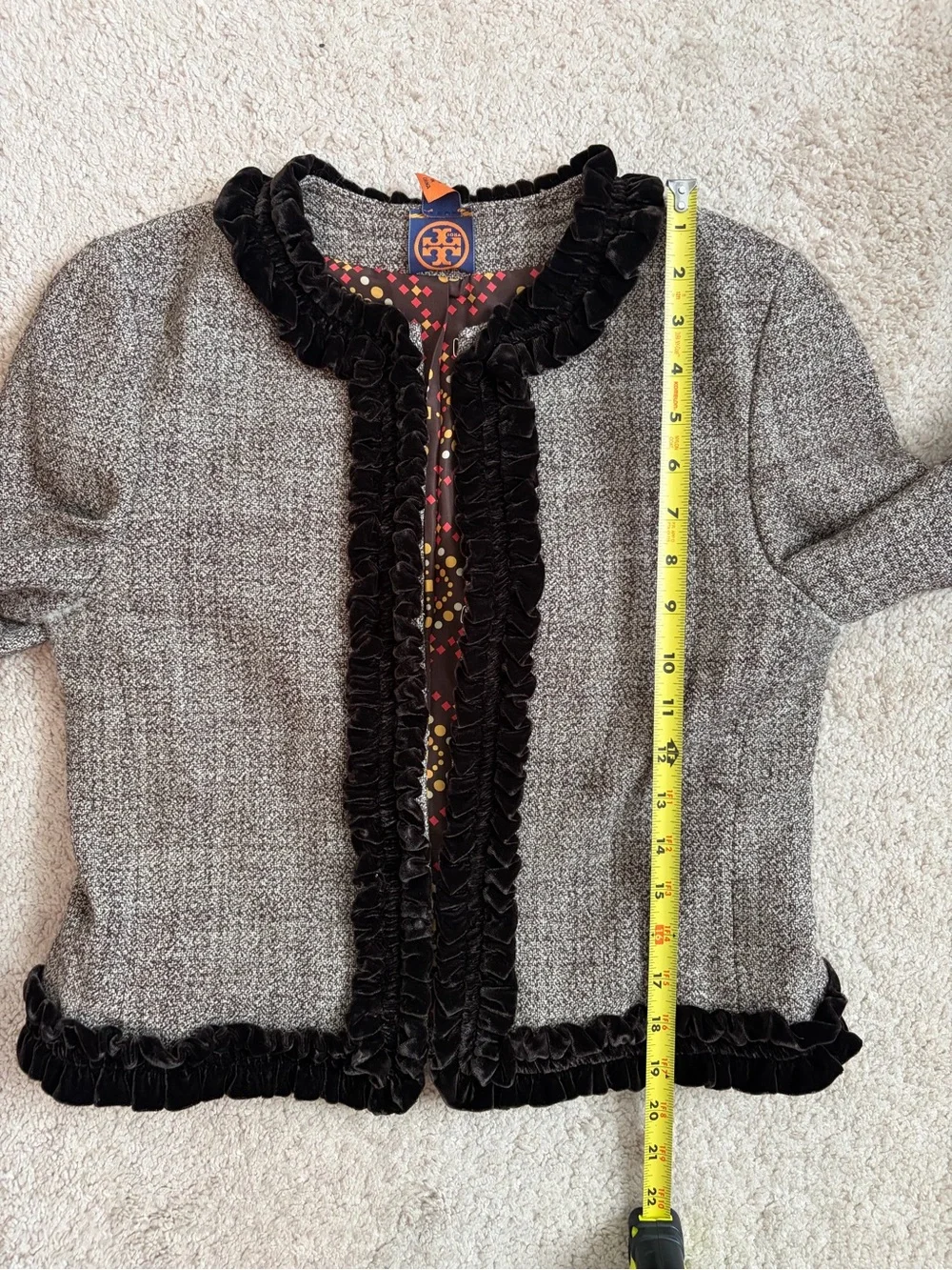 TORY BURCH Brown Tweed Ruffled Velvet Trimmed Collarless Jacket Women's Sz 6 EUC